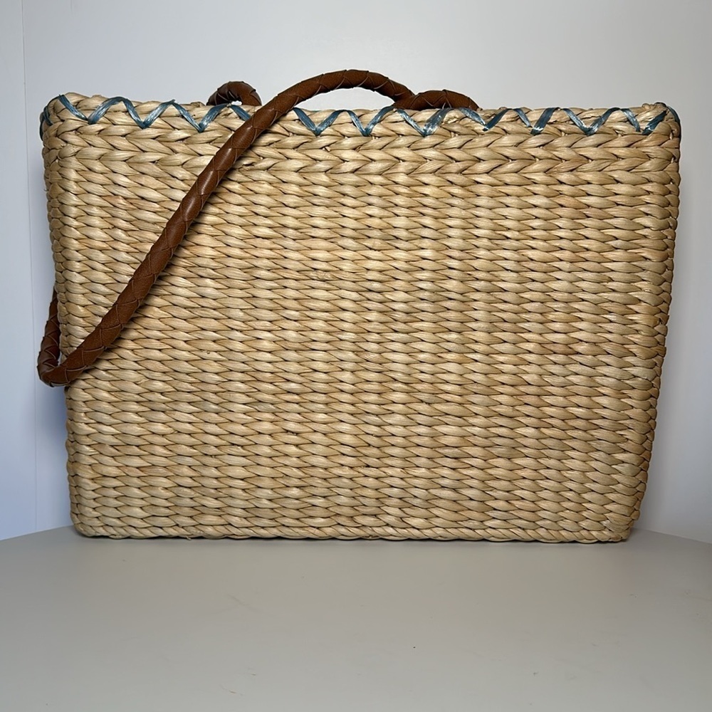 AVON 2005 BEACH used Straw Tote bag with blue dragonflies large shoulder - Picture 6 of 13